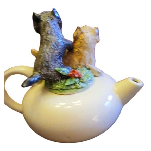 Teapot 2 Carin Terriers Dogs Lid Artisan Made & Signed Ceramic & Floral Accent - Picture 3 of 5
